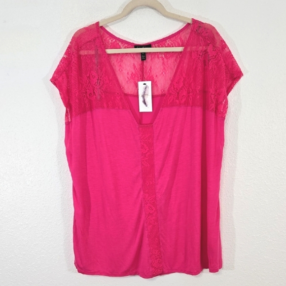 *NEW* Jessica Simpson Veena Lace Top Short Sleeve Bright Pink Feminine Flowy, 2X - Picture 1 of 9